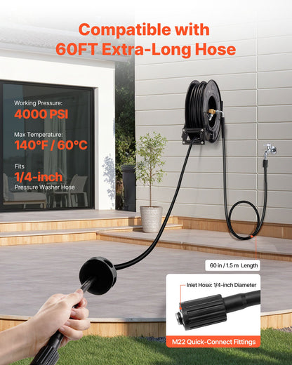 Högtryckstvättsslangvinda, 18,3 mx 6,4 mm indragbar kraftfull slangvinda i stål, 4000 PSI max, automatisk återupplindning, flexibel vägg-/golvmonterad för biltvätt, trädgård, golvrengöring