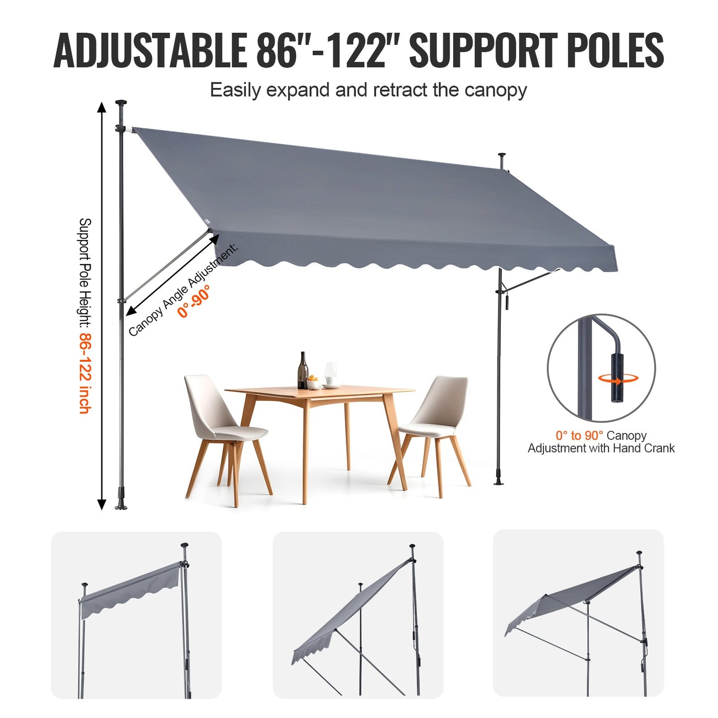 138 x 47" utdragbar markis, markis med manuell vev, solskydd för utomhusbruk, justerbar höjd från 86 till 122 tum, för uteplats/balkong/trädgård, mörkgrå
