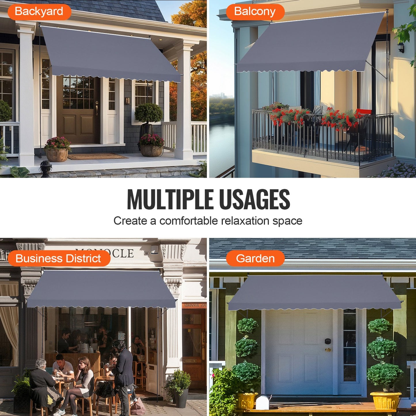 178 x 47" utdragbar markis, markis med manuell vev, solskydd för utomhusbruk, justerbar höjd från 86 till 122 tum, för uteplats/balkong/trädgård, mörkgrå