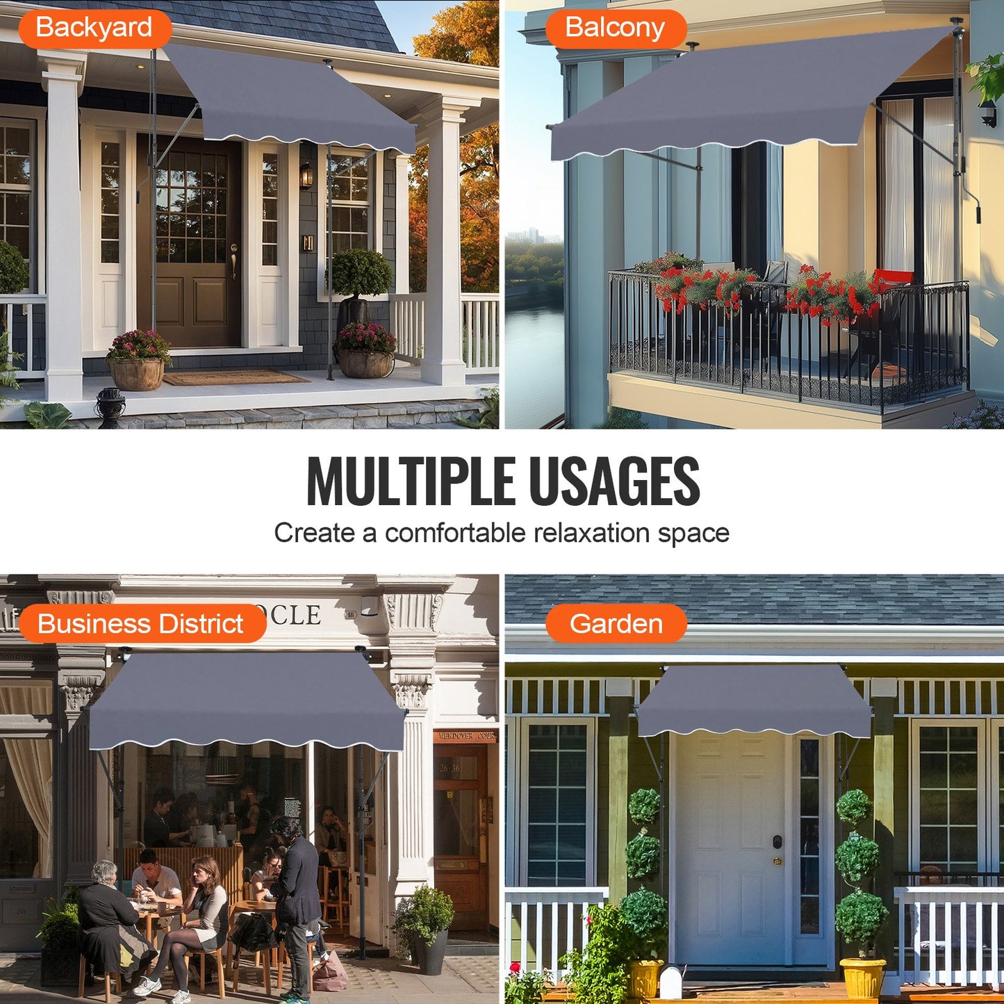 132 x 112 cm utdragbar markis, markis med manuell vev, solskydd för utomhusbruk, justerbar höjd från 226 till 360 cm, för uteplats/balkong/trädgård, mörkgrå