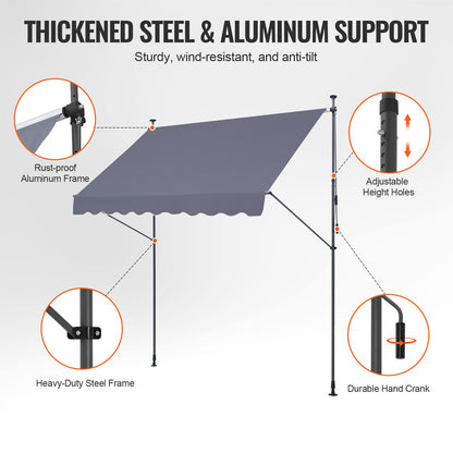 232 x 112 cm utdragbar markis, markis med manuell vev, solskydd för utomhusbruk, justerbar höjd från 226 till 360 cm, för uteplats/balkong/trädgård, mörkgrå