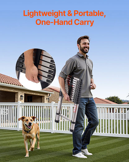 Teleskopstege, 3740 mm lätt förlängningsstege i rostfritt stål, hopfällbar stege med flera knappar, 150 kg kapacitet och halkfria fötter, bärbar stege med 13 steg för husbilsloft