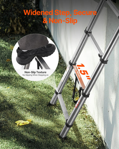 Teleskopstege, 2540 mm lätt förlängningsstege i rostfritt stål, hopfällbar stege med flera knappar, 150 kg kapacitet och halkfria fötter, bärbar stege med 9 steg för husbilsloft