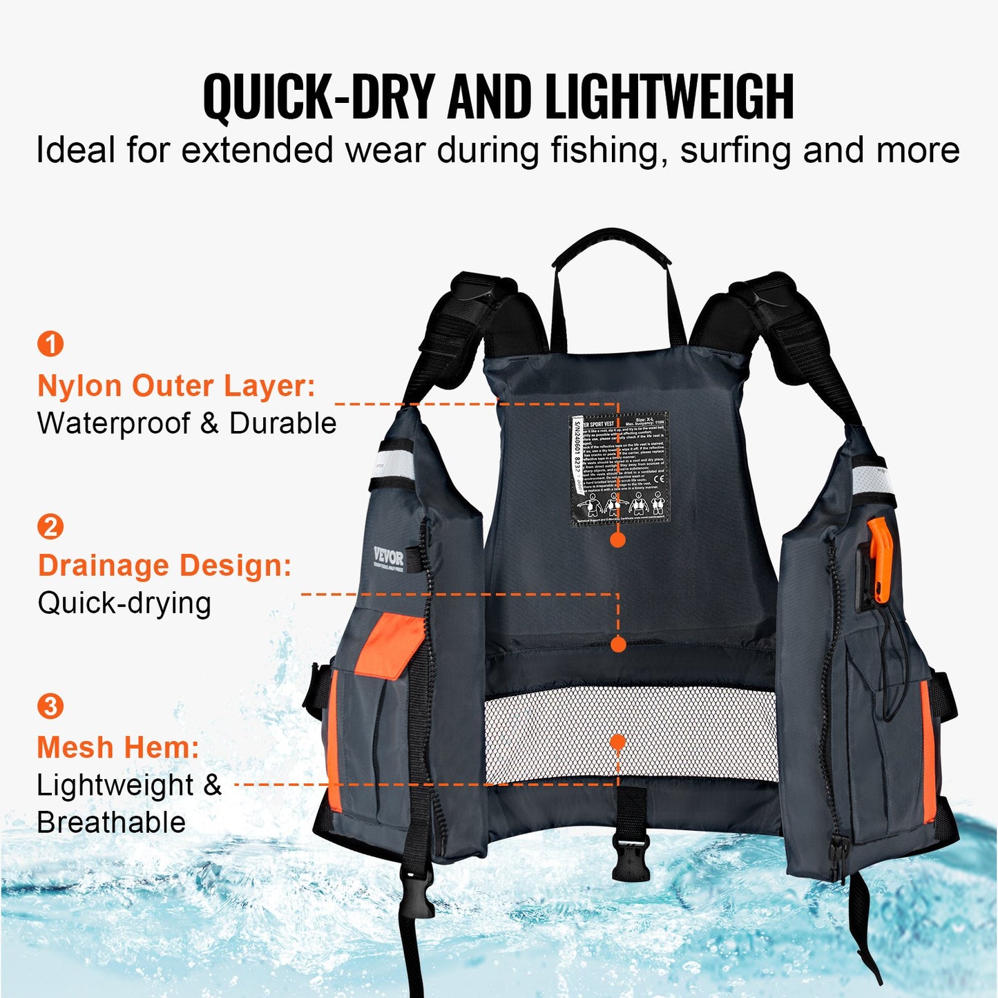 Flytväst för vattensporter (PFD), Flytväst med vattentät nylon och 110N flytkraft, Flytväst/jacka för alla vattenaktiviteter - fiske, kajakpaddling, surfing och mer, Herr och Dam XL