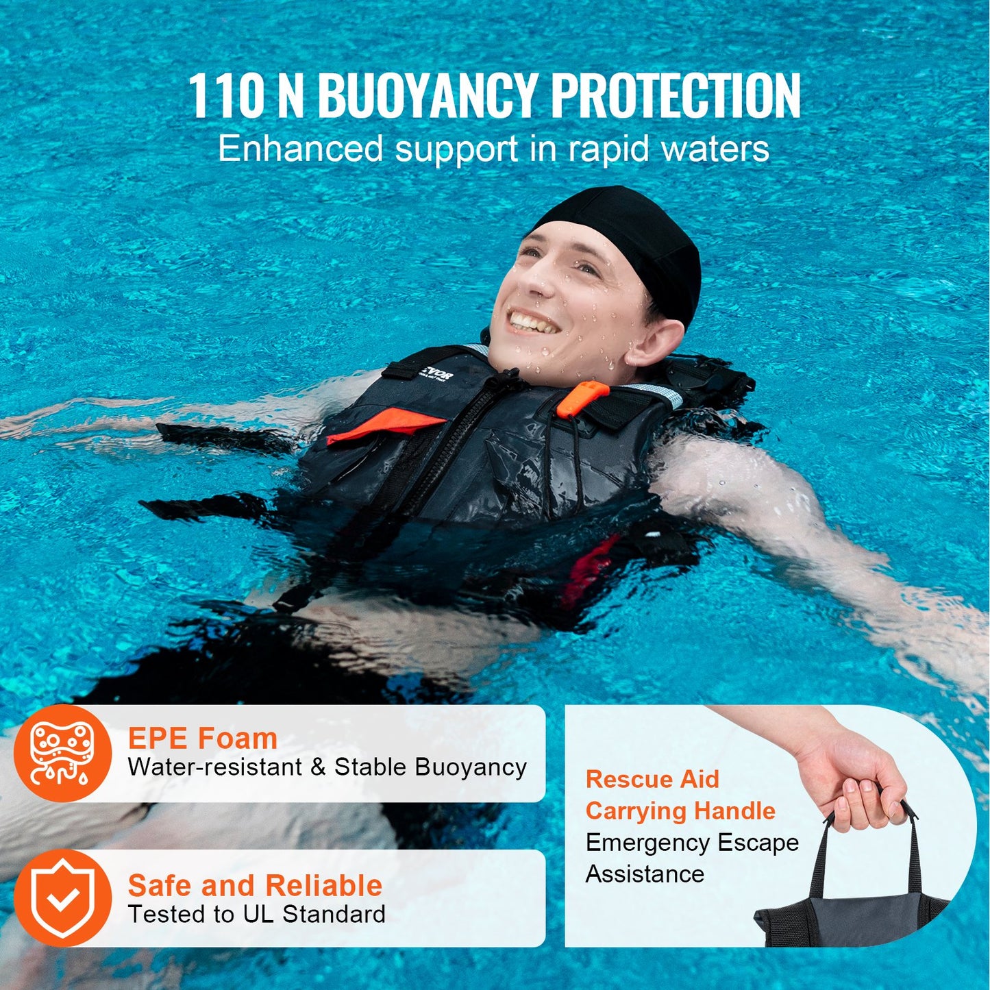 Flytväst för vattensporter (PFD), Flytväst med vattentät nylon och 110N flytkraft, Flytväst/jacka för alla vattenaktiviteter - fiske, kajakpaddling, surfing och mer, Herr och Dam XL