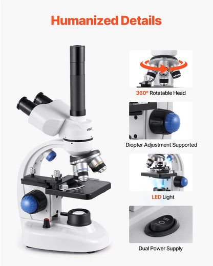 Trinokulärt mikroskop för vuxna, professionellt sammansatt mikroskopkit med 40-5000X förstoring, aluminiumlegeringshus, inkluderar LED-lampa och telefonhållare, för labb, skola, hem, utbildning