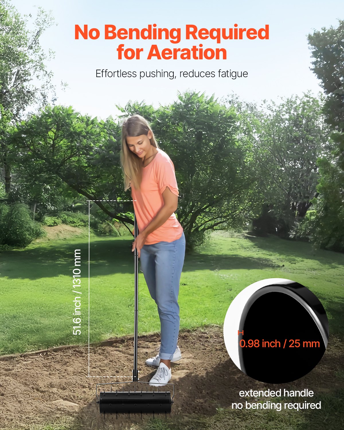 Rolling Lawn Aerator, 21-inch Heavy-Duty Manual Rolling Aerator Lawn with Detachable Handle and 33 Iron Spikes, Rolling Lawn Aeration Tool for Garden Patio Yard Compacted Soils and Lawns, Black