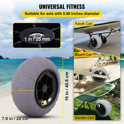 Strandballonghjul, 16" reservdäck för sand, TPU-vagnsdäck för kajakvagn, kanotvagn och buggy med gratis luftpump, 2-pack
