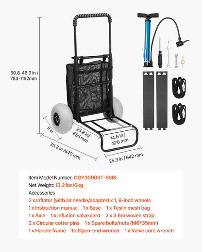 Strandvagn med stora hjul för sand, lastdäck 51 x 34 cm, med 23 cm ballonghjul, hopfällbar sandvagn med en lastkapacitet på 74 kg och justerbar höjd på 64 till 112 cm, kraftig strandvagn