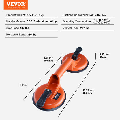 Glassugkopp, 11,9 cm 2-pack 149,7 kg lastkapacitet, vakuumsugkopp med aluminiumhandtag, kraftig industriell sugkoppslyftare för glas, granit, kakel, metall, träpanellyftning