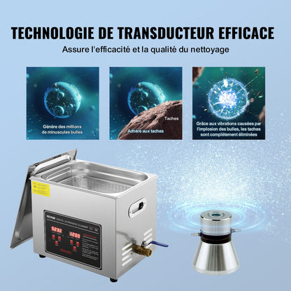 Ultraljudsrengöring med digital timer och värmare, professionell ultraljudsrengöring för smycken, uppvärmd rengöringsmaskin i rostfritt stål för glasögon, urringar, smådelar, kretskort (10L)