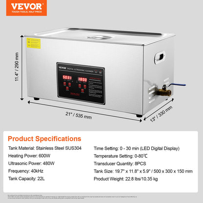 Ultraljudsrengöring med digital timer och värmare, professionell ultraljudsrengöring för smycken, uppvärmd rengöringsmaskin i rostfritt stål för glasögon, urringar, smådelar, kretskort (22L)