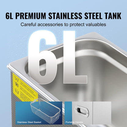 Ultraljudsrengöring med digital timer och värmare, professionell ultraljudsrengöring för smycken, uppvärmd rengöringsmaskin i rostfritt stål för glasögon, urringar, smådelar, kretskort (6L)