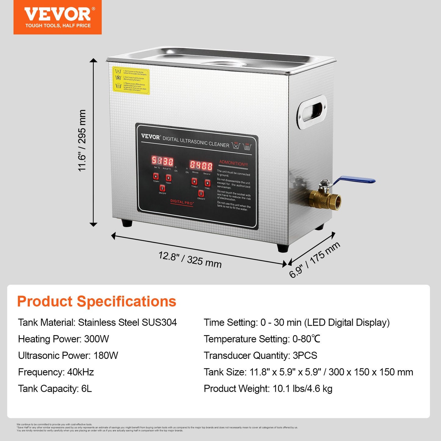 Ultraljudsrengöring med digital timer och värmare, professionell ultraljudsrengöring för smycken, uppvärmd rengöringsmaskin i rostfritt stål för glasögon, urringar, smådelar, kretskort (6L)