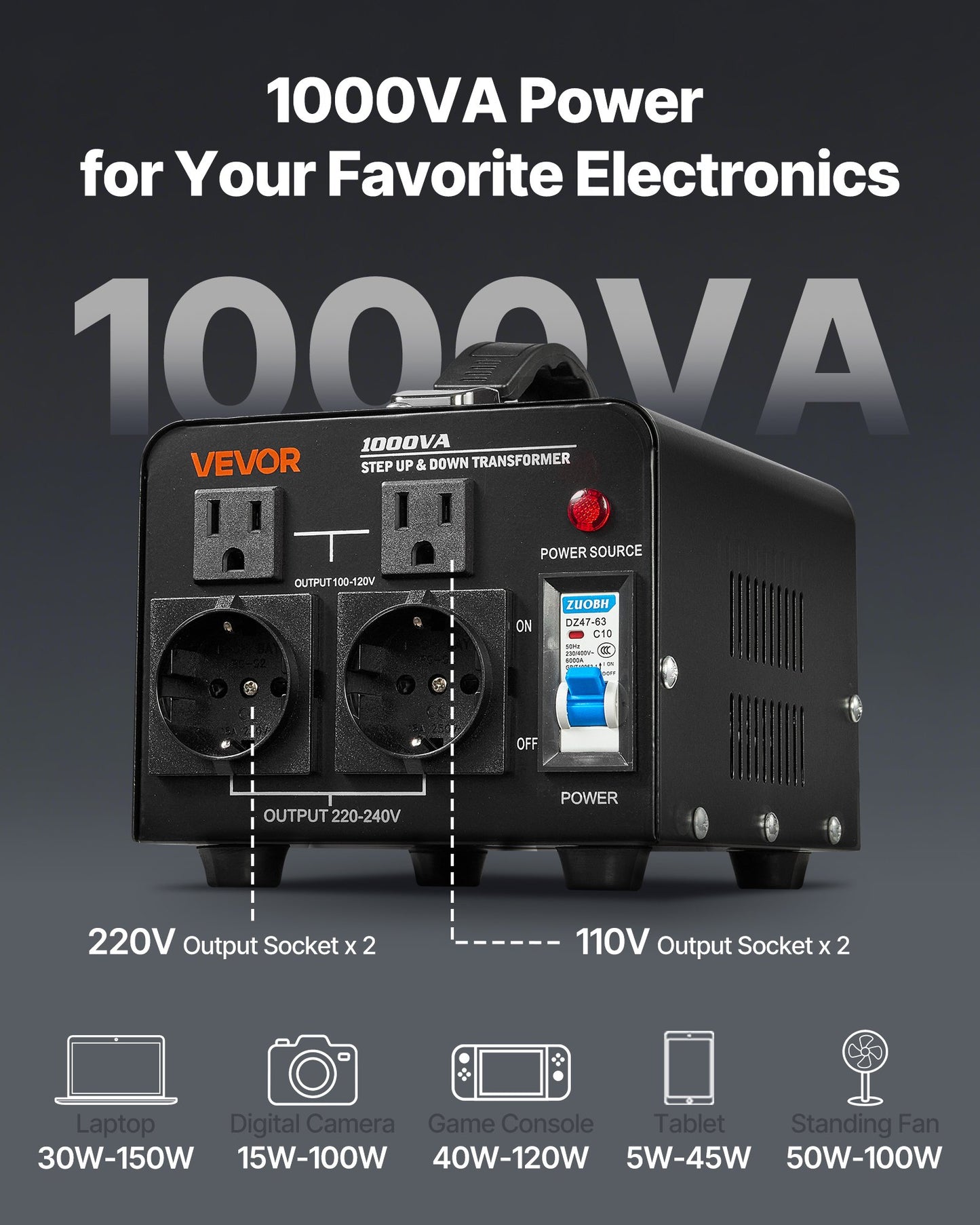 Spänningsomvandlare, 1000VA, Kraftig upp-/nedtransformator, Omvandlare från 110V till 220V och 220V till 110V, med amerikanska uttag, EU-uttag, nätsladd, kretsbrytarskydd