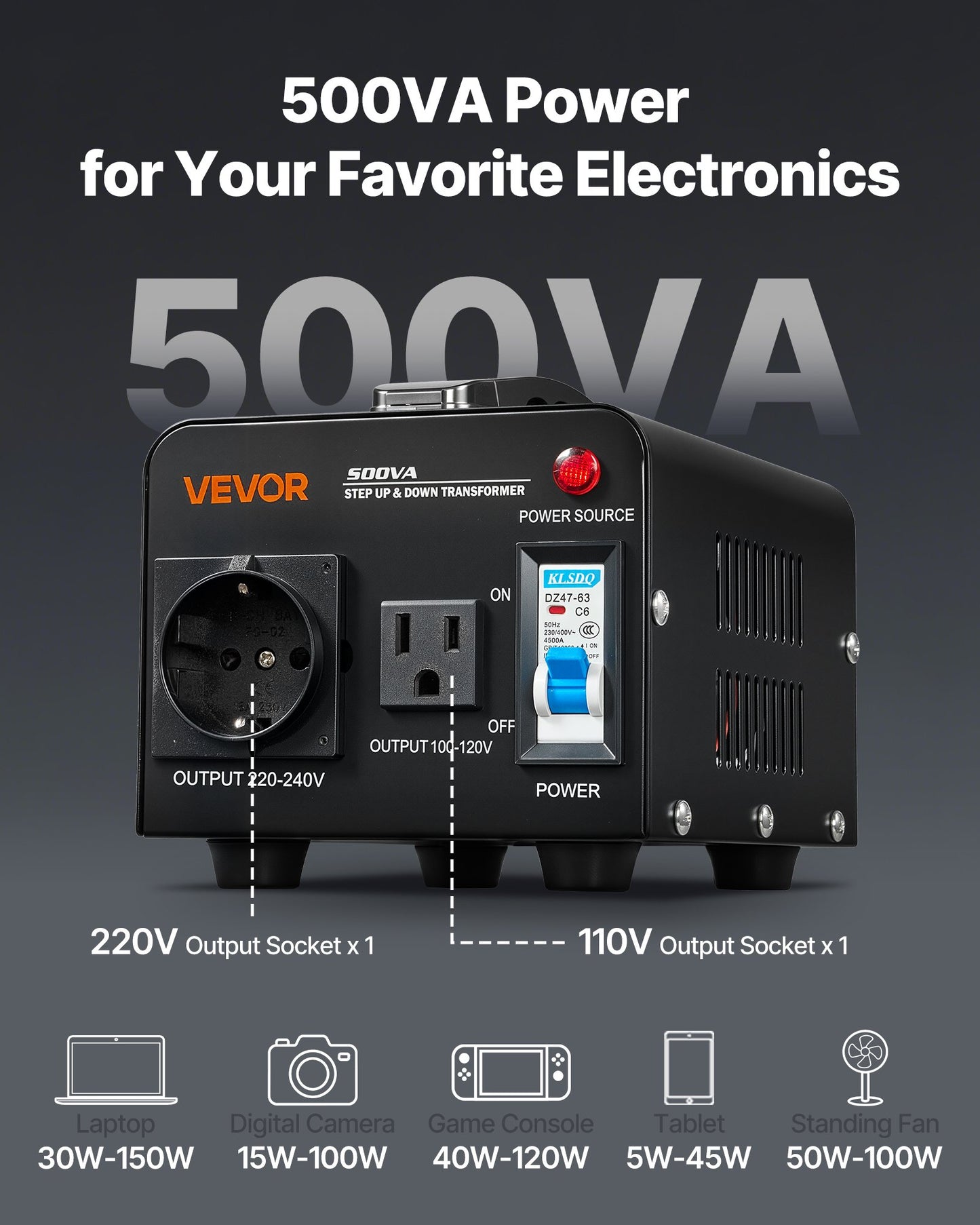 Voltage Converter Transformer, 500VA, Heavy Duty Step Up/Down Power Transformer, Convert from 110V to 220V and 220V to 110V, with US Outlet, EU Outlet, Power Cord, Circuit Breaker Protection