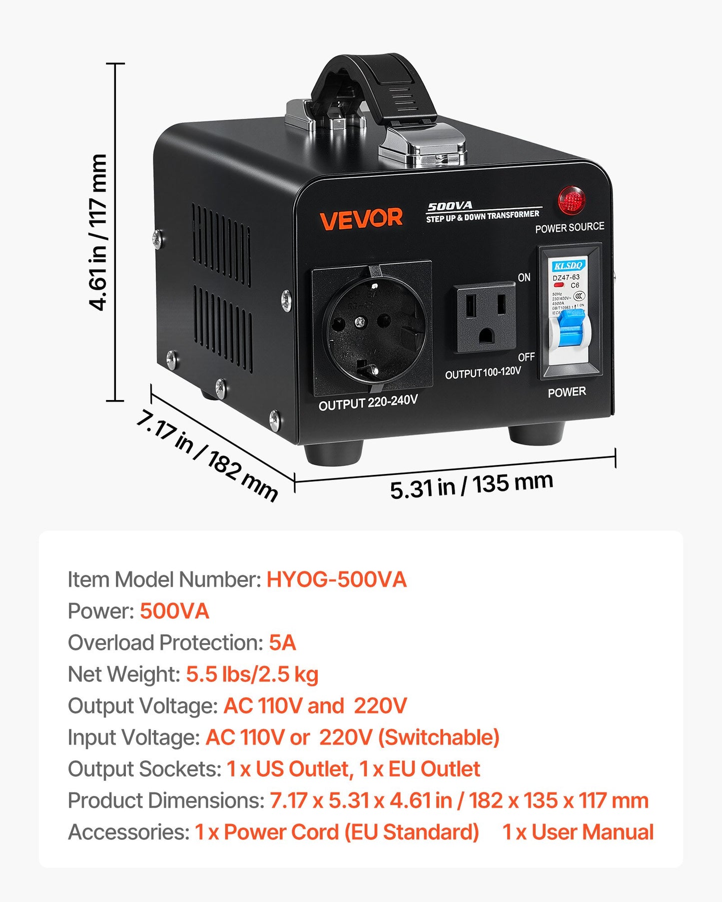 Voltage Converter Transformer, 500VA, Heavy Duty Step Up/Down Power Transformer, Convert from 110V to 220V and 220V to 110V, with US Outlet, EU Outlet, Power Cord, Circuit Breaker Protection