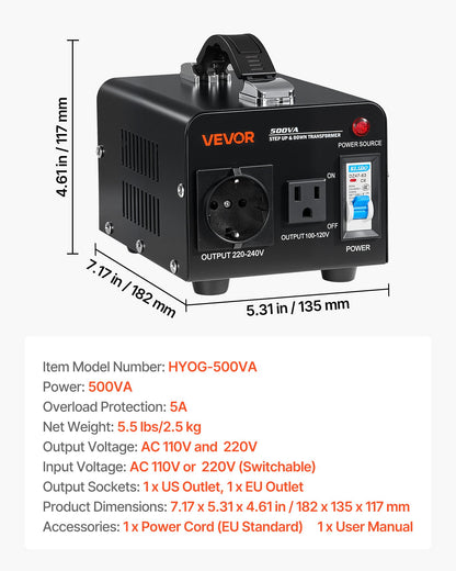 Voltage Converter Transformer, 500VA, Heavy Duty Step Up/Down Power Transformer, Convert from 110V to 220V and 220V to 110V, with US Outlet, EU Outlet, Power Cord, Circuit Breaker Protection