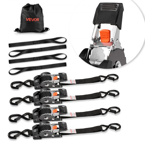 Retractable Ratchet Straps, 25.4 mm x 3 m, Tie Down Straps with S Hooks, 544 kg Break Strength, 4 Soft Loops, Tie Down Ratcheting for Moving, Trailers, Motorcycles, Kayaks, Car Roof, 4 Pack