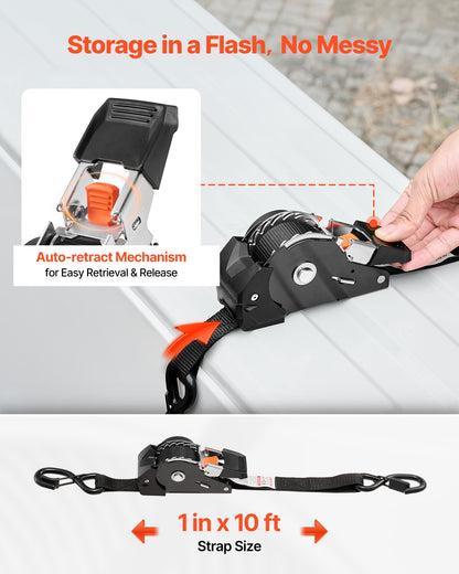 Retractable Ratchet Straps, 25.4 mm x 3 m, Tie Down Straps with S Hooks, 544 kg Break Strength, 4 Soft Loops, Tie Down Ratcheting for Moving, Trailers, Motorcycles, Kayaks, Car Roof, 4 Pack