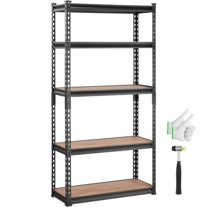 Förvaringshylla, justerbar i 5 våningar, 900 kg kapacitet, kraftiga garagehyllor i metall, verktygsställ, svart, 76 cm L x 30 cm B x 152 cm H för kök, skafferi, källare, badrum, tvättstuga