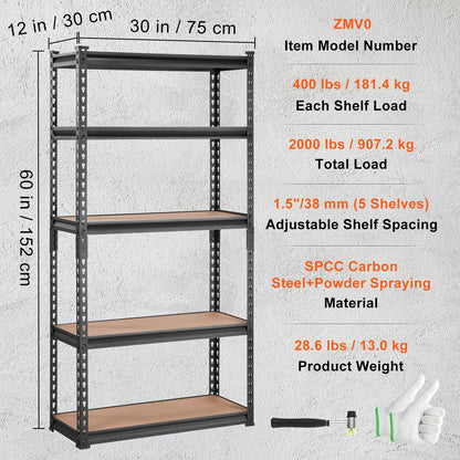 Förvaringshylla, justerbar i 5 våningar, 900 kg kapacitet, kraftiga garagehyllor i metall, verktygsställ, svart, 76 cm L x 30 cm B x 152 cm H för kök, skafferi, källare, badrum, tvättstuga