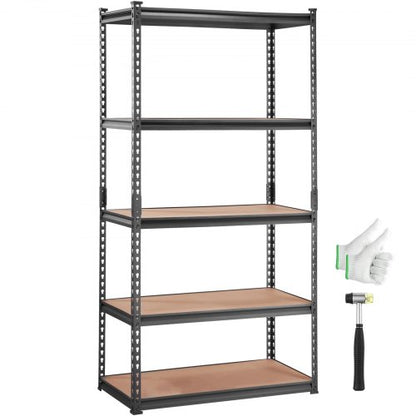 Förvaringshylla, justerbar i 5 våningar, 900 kg kapacitet, kraftiga garagehyllor i metall, verktygsställ, svart, 94 cm L x 46 cm B x 183 cm H för kök, skafferi, källare, badrum, tvättstuga