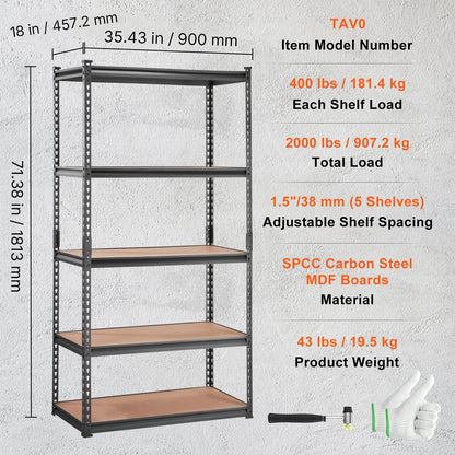 Förvaringshylla, justerbar i 5 våningar, 900 kg kapacitet, kraftiga garagehyllor i metall, verktygsställ, svart, 94 cm L x 46 cm B x 183 cm H för kök, skafferi, källare, badrum, tvättstuga