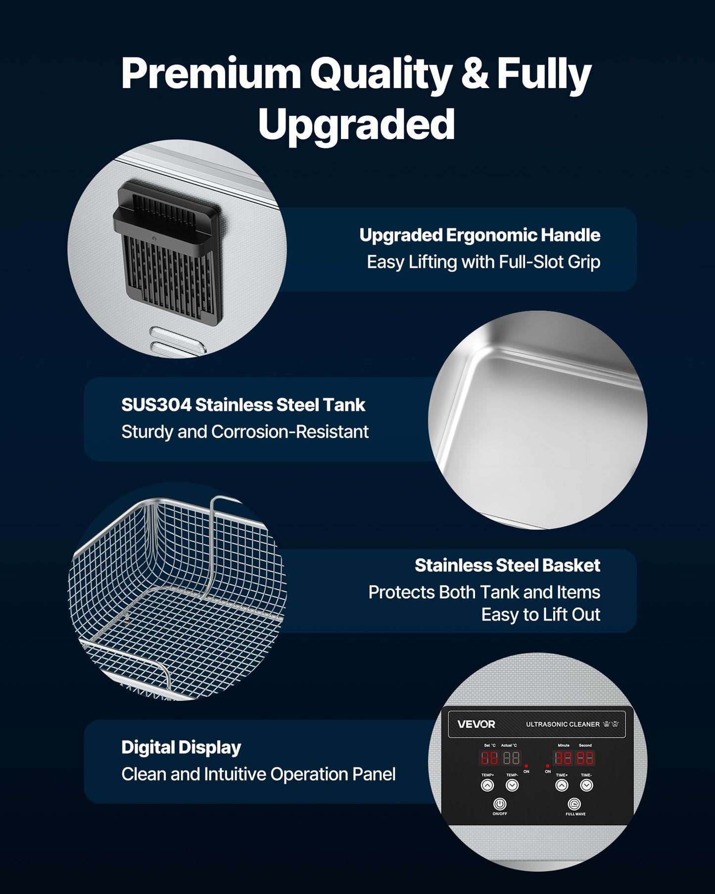 15L ultraljudsrengöring, professionell ultraljudsrengöringsmaskin med rengöringskorg och digital display, 240W rostfritt stål 40kHz industriell rengöringsmaskin för delar, förgasare, instrument