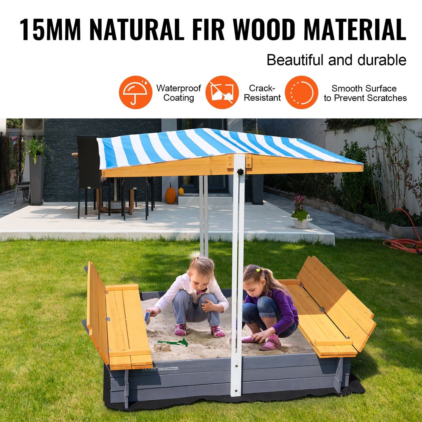 Sandlåda i trä med tak, 57,3 x 47,2 x 47,2 tum, sandlåda med fällbara bänkar och bottenfoder, sandlåda i naturträ för barn utomhus, bakgård, strand, park, present till åldrarna 3-12