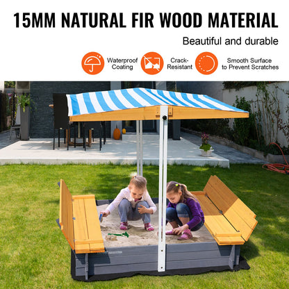 Sandlåda i trä med tak, 57,3 x 47,2 x 47,2 tum, sandlåda med fällbara bänkar och bottenfoder, sandlåda i naturträ för barn utomhus, bakgård, strand, park, present till åldrarna 3-12