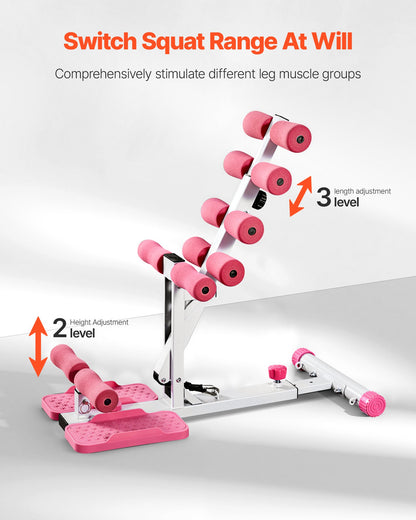 Djup knäböjsmaskin, justerbar sätesträningsmaskin med 3 högstyrkemotståndsband, hopfällbar coreben- och sätesträningsmaskin, armhävningsutrustning för hemmagym, rosa + vit