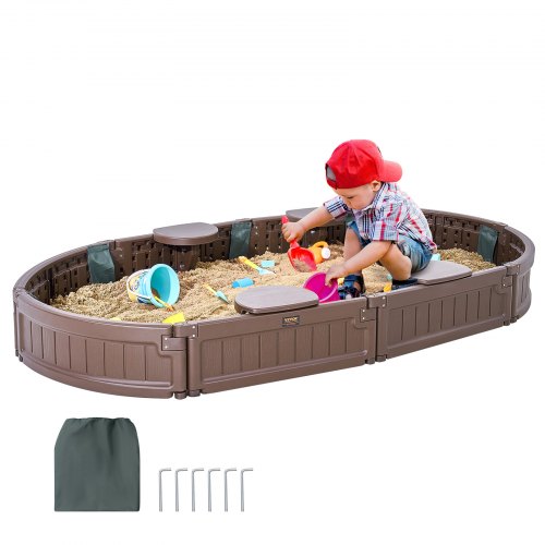 Sandlåda med lock, 72 x 41,5 x 9,1 tum oval sandlåda, HDPE-sandlåda med 4 hörnsittplatser och bottenfoder, barnsandlåda för utomhusträdgård, strand, park, present till pojkar och flickor i åldrarna 3-12, brun