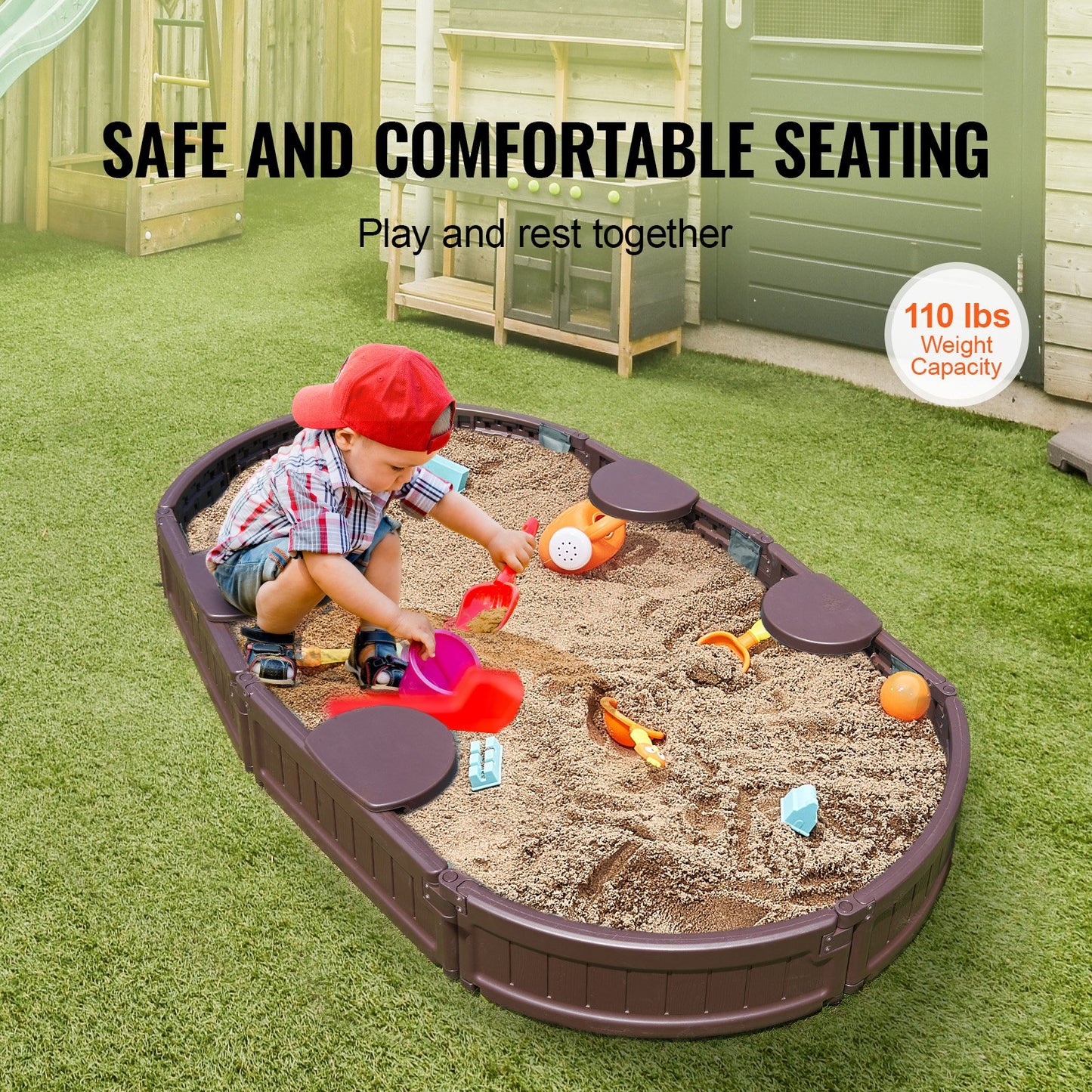 Sandlåda med lock, 72 x 41,5 x 9,1 tum oval sandlåda, HDPE-sandlåda med 4 hörnsittplatser och bottenfoder, barnsandlåda för utomhusträdgård, strand, park, present till pojkar och flickor i åldrarna 3-12, brun