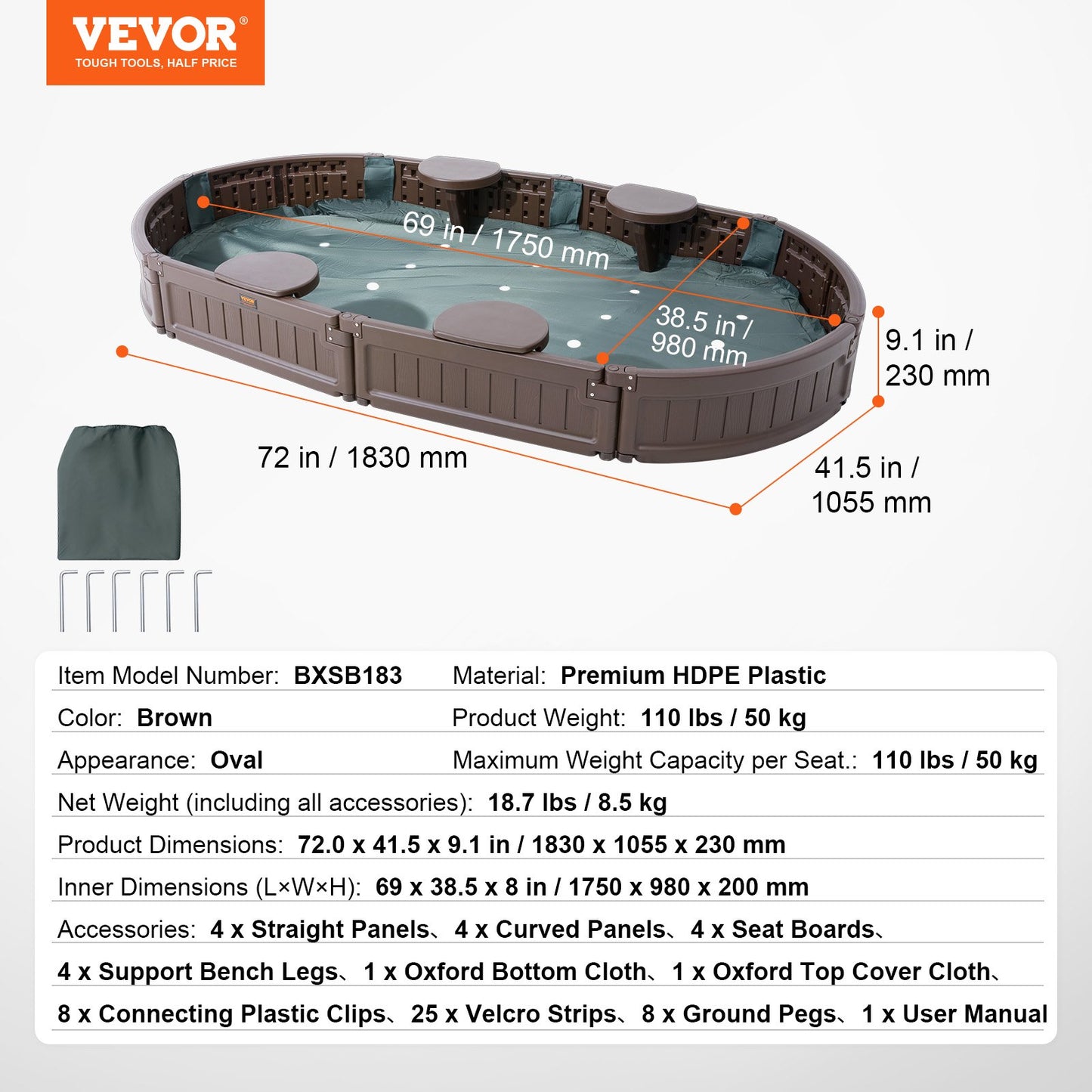 Sandlåda med lock, 72 x 41,5 x 9,1 tum oval sandlåda, HDPE-sandlåda med 4 hörnsittplatser och bottenfoder, barnsandlåda för utomhusträdgård, strand, park, present till pojkar och flickor i åldrarna 3-12, brun