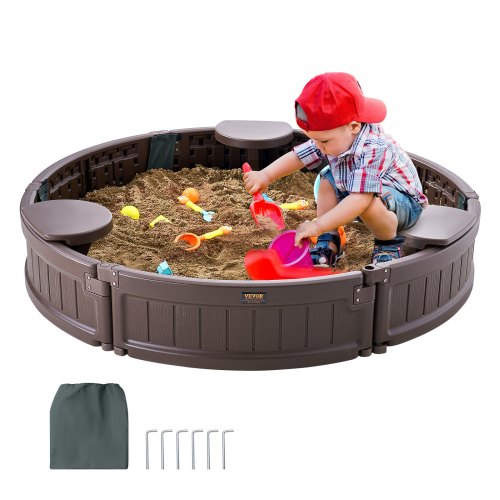 Sandlåda med lock, 47,2 x 9,1 tum rund sandlåda, HDPE-sandlåda med 3 hörnsittplatser och bottenfoder, barnsandlåda för utomhusträdgård, strand, park, present till pojkar och flickor i åldrarna 3-12, brun