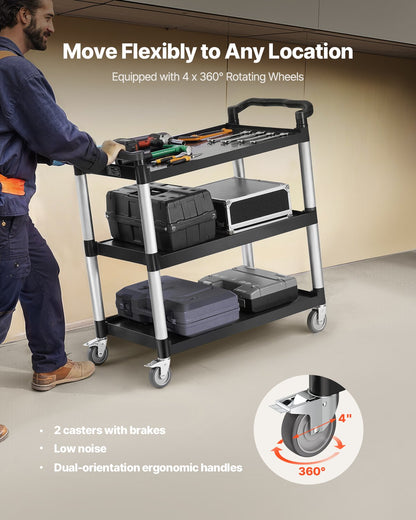 Verktygsvagn, 225 kg lastkapacitet, 3-vånings verktygsvagn i plast med 360° svängbara hjul (2 med bromsar), 76 x 49 cm livsmedelsvagn för lager, kontor, hem, restaurang, kök