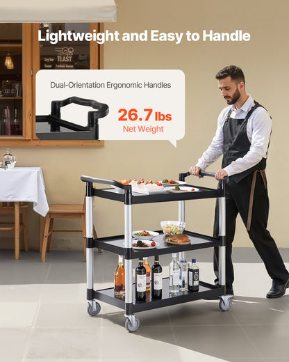 Verktygsvagn, 225 kg lastkapacitet, 3-vånings verktygsvagn i plast med 360° svängbara hjul (2 med bromsar), 76 x 49 cm livsmedelsvagn för lager, kontor, hem, restaurang, kök