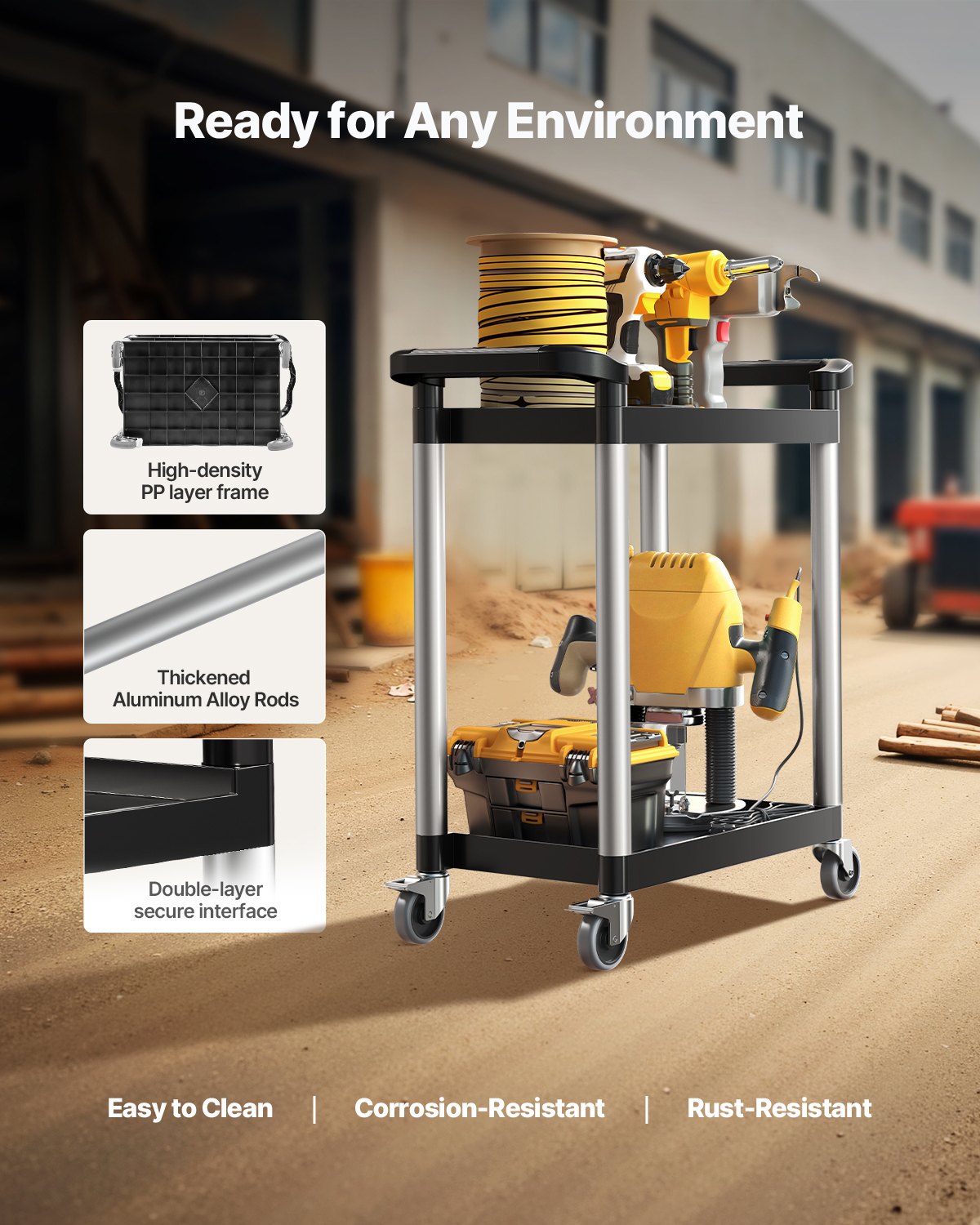 Verktygsvagn, 136 kg lastkapacitet, 2-vånings verktygsvagn i plast med 360° svängbara hjul (2 med bromsar), 61 x 41 cm livsmedelsvagn för lager, kontor, hem, restaurang, kök