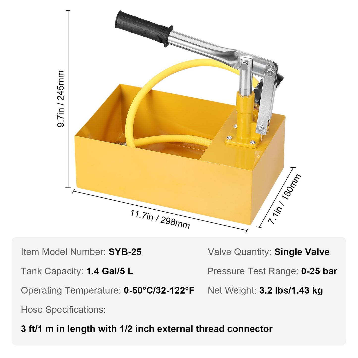Hydrostatisk testpump, max 25 bar/362 PSI, hydraulisk manuell vattentrycksmätare med en ventil och mätare, 5 liters vattentank, 1 m slang med 1,27 cm utvändig gänga för rörledning