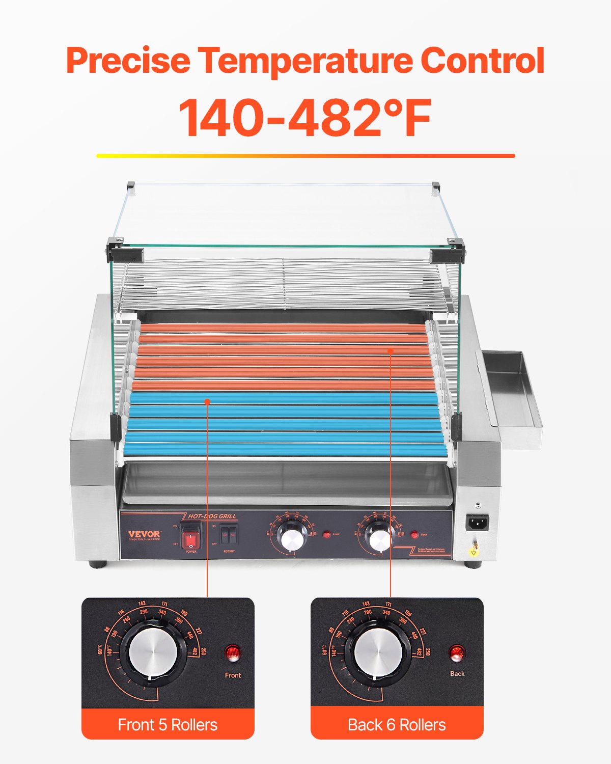 Varmkorvsrulle, 30 varmkorvar med 11 rullar, korvgrill i rostfritt stål, 2200W kommersiell varmkorvsmaskin med dubbel temperaturkontroll, lock, förvaringslåda på sidan, avtagbar hylla och oljedroppbricka