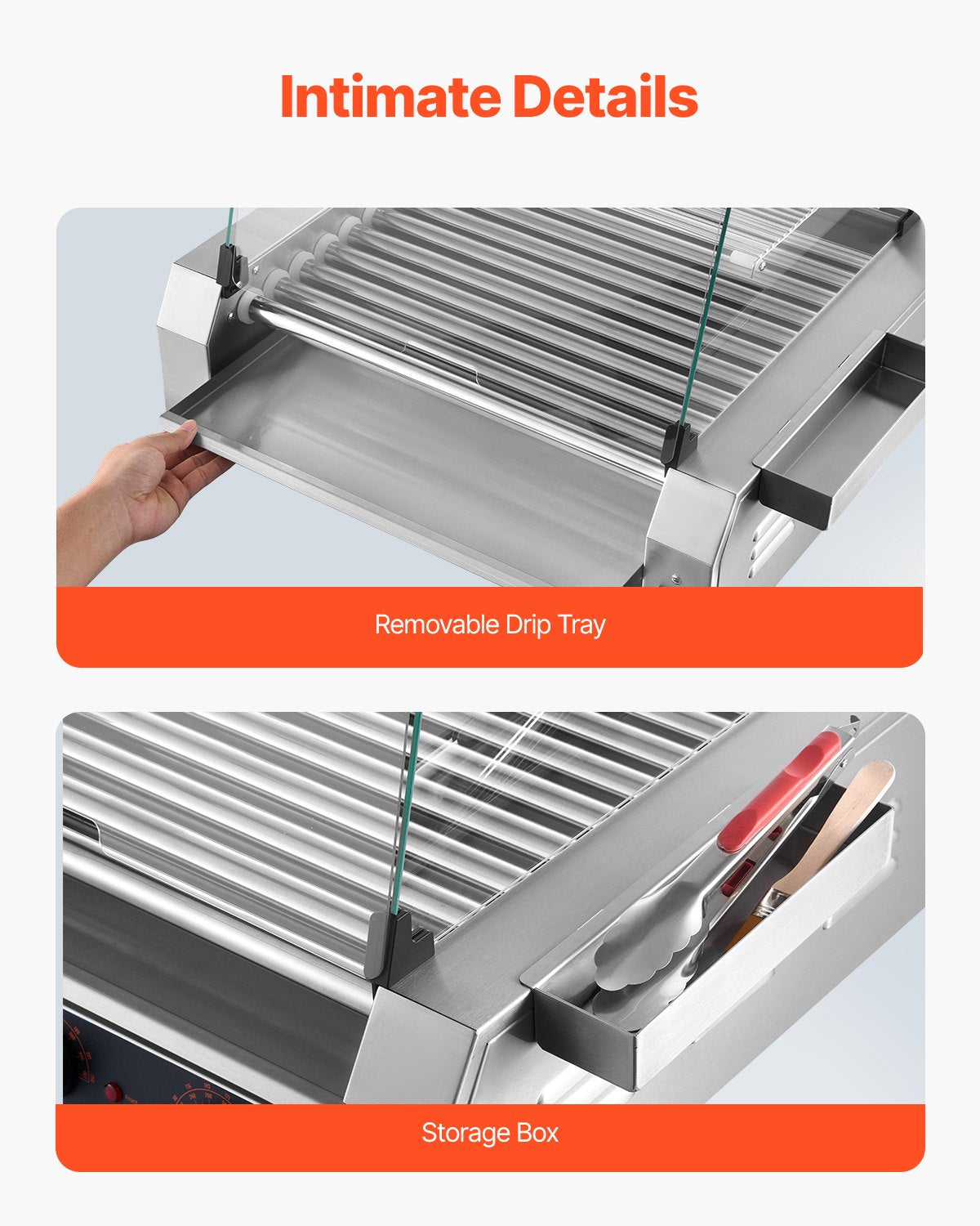 Varmkorvsrulle, 30 varmkorvar med 11 rullar, korvgrill i rostfritt stål, 2200W kommersiell varmkorvsmaskin med dubbel temperaturkontroll, lock, förvaringslåda på sidan, avtagbar hylla och oljedroppbricka