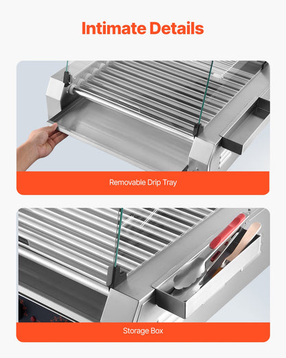 Varmkorvsrulle, 30 varmkorvar med 11 rullar, korvgrill i rostfritt stål, 2200W kommersiell varmkorvsmaskin med dubbel temperaturkontroll, lock, förvaringslåda på sidan, avtagbar hylla och oljedroppbricka