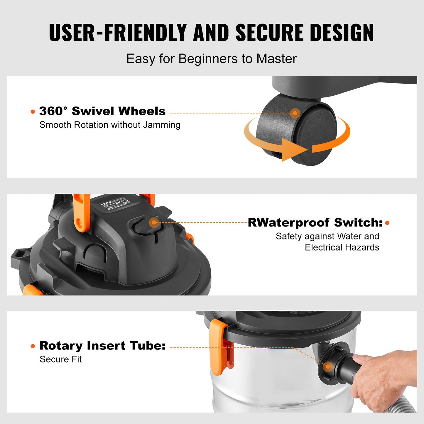 Våt- och torrdammsugare i rostfritt stål, 8 gallon, 6 peak hk, våt- och torrdammsugare, kraftfull sugfunktion med blåsfunktion och tillbehör, 2-i-1-munstycke för fogar, liten verkstadsdammsugare, perfekt för mattskräp, djurhår, bil