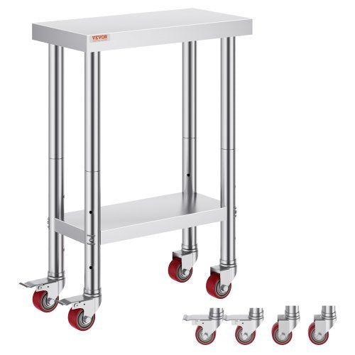 Rostfritt stål cateringbord 12x24 tums kommersiellt arbetsbord med 4 hjul kommersiell matlagningsarbetsbänk med flexibel justeringshylla för köksbord