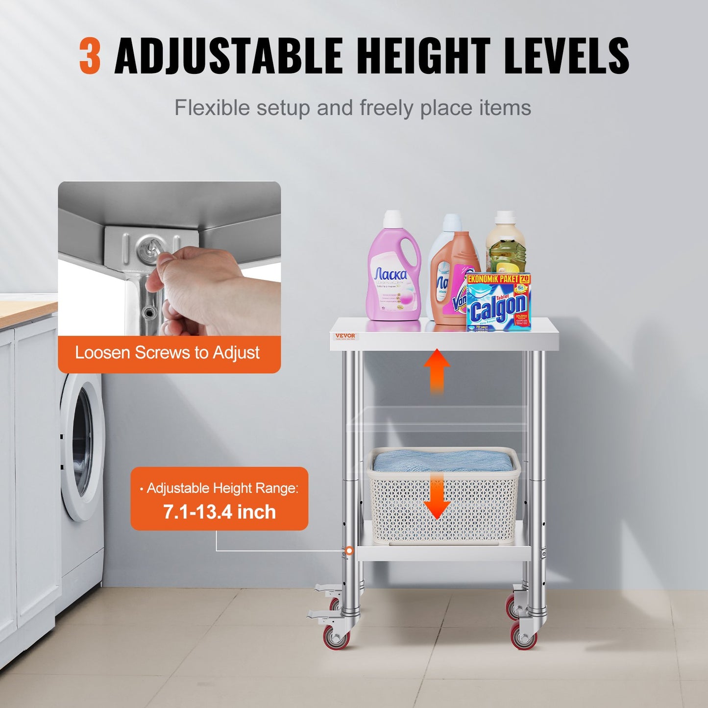 Rostfritt stål cateringbord 12x24 tums kommersiellt arbetsbord med 4 hjul kommersiell matlagningsarbetsbänk med flexibel justeringshylla för köksbord