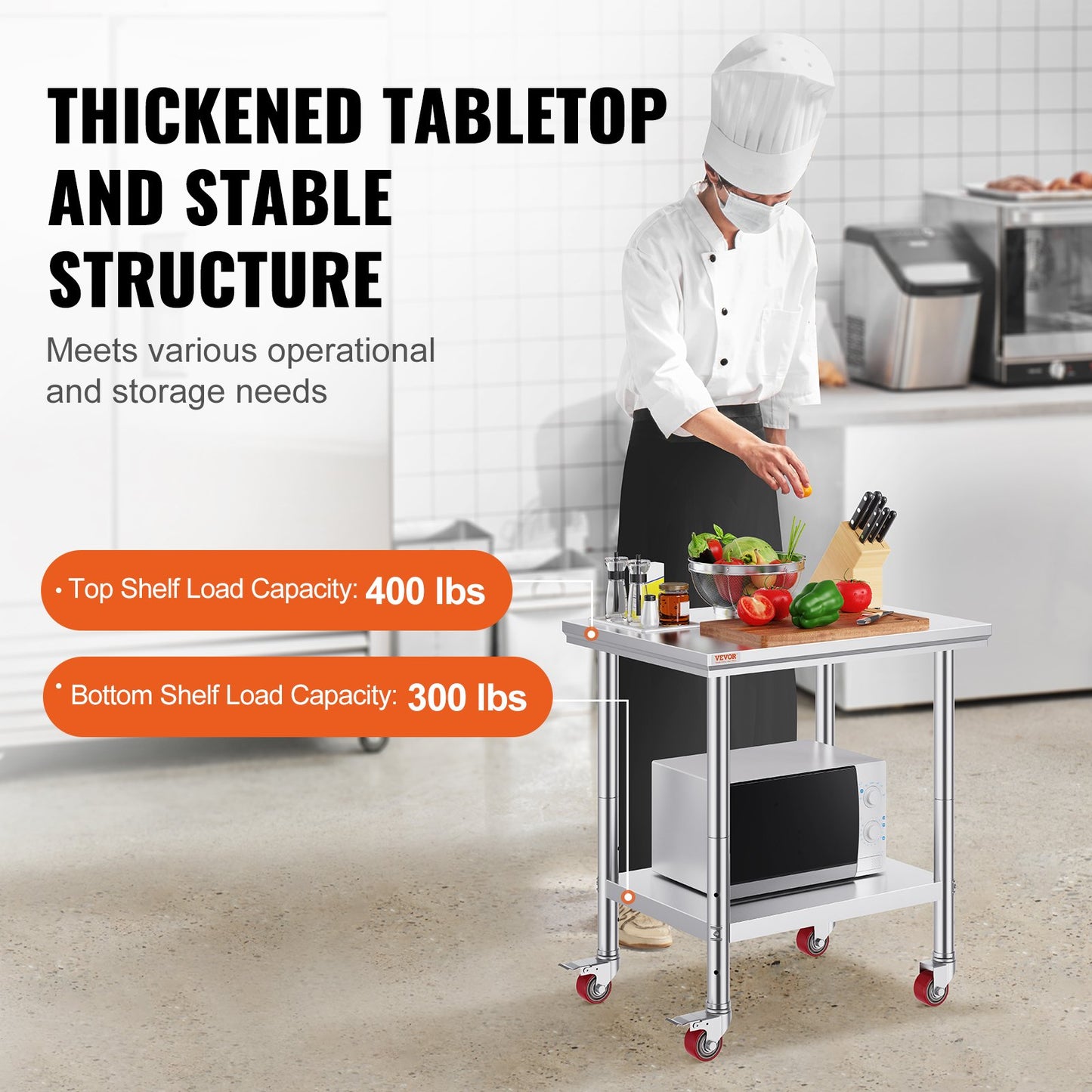 Rostfritt stål cateringbord 30x24 tums kommersiellt arbetsbord med 4 hjul kommersiell matlagningsarbetsbänk med flexibel justerbar hylla för köksbord
