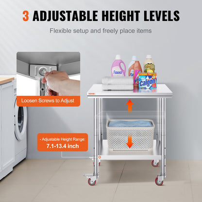 Rostfritt stål cateringbord 30x24 tums kommersiellt arbetsbord med 4 hjul kommersiell matlagningsarbetsbänk med flexibel justerbar hylla för köksbord