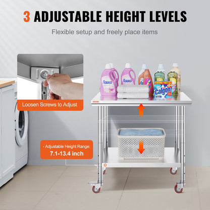 Rostfritt stål cateringbord 36x24 tums kommersiellt arbetsbord med 4 hjul kommersiell matlagningsarbetsbänk med flexibel justeringshylla för köksbord