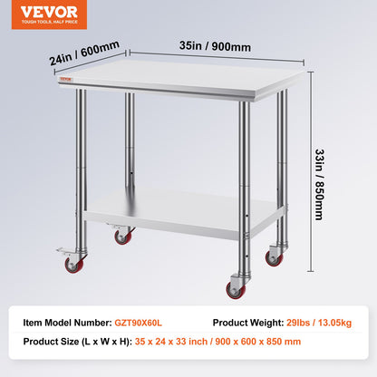 Rostfritt stål cateringbord 36x24 tums kommersiellt arbetsbord med 4 hjul kommersiell matlagningsarbetsbänk med flexibel justeringshylla för köksbord